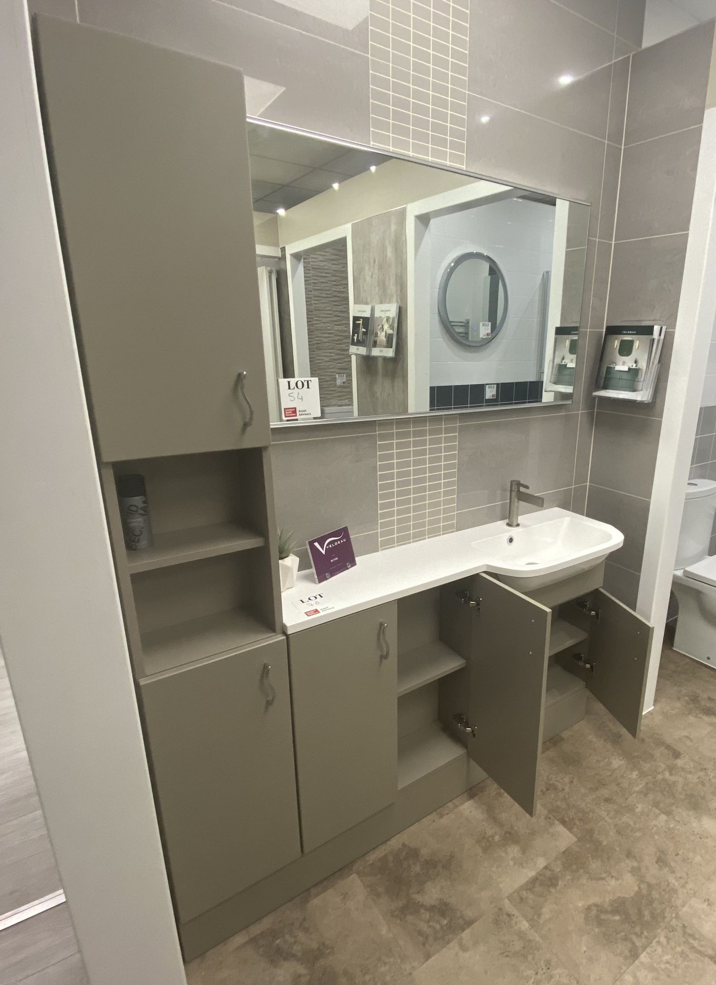 Display bathroom to include 4 cupboard 2 shelf laminate worktop, sink basin and brushed steel mixe - Image 2 of 5