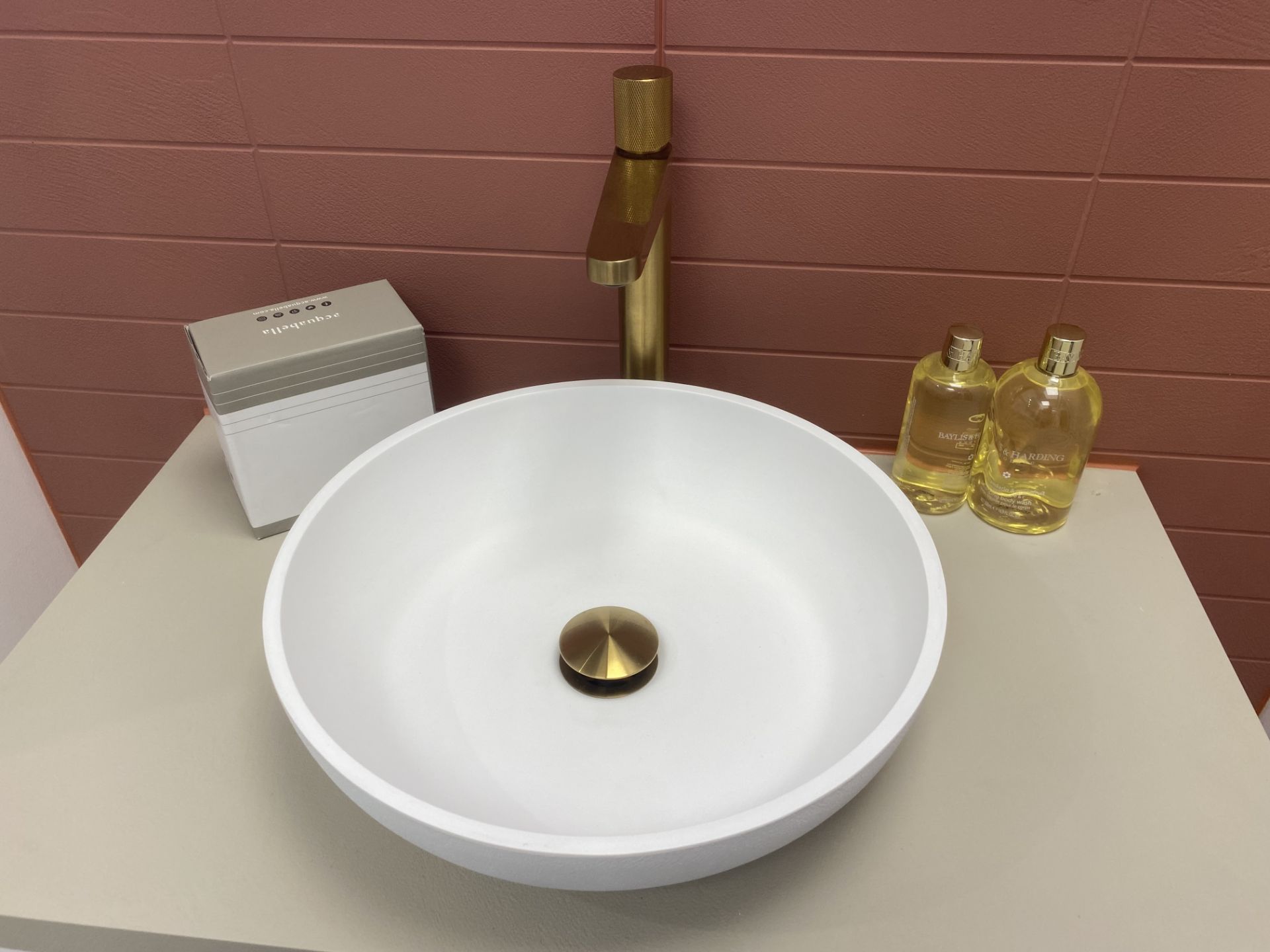 Single sink basin round counter top bowl with mixer tap, laminate floating pedestal, 2 drawer cupb - Image 3 of 4