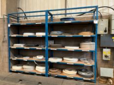 Quantity of various edge banding on 2 racks and a pallet