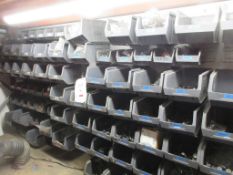 Quantity of assorted storage bins with contents including M16, M8, M12 bolts