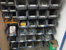 Quantity of assorted plastic storage bins with contents including flange, blind rivets, rivnuts