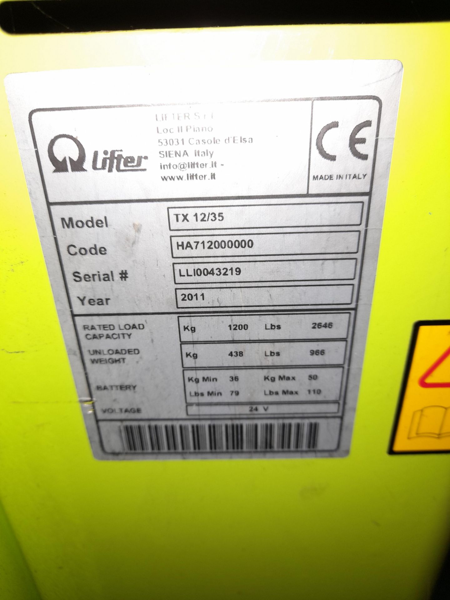 Pramac Q Lifter TX12/35 electric pallet stacker, Year 2011, Serial LLI0043219, Rated Load Capacity - Image 5 of 7