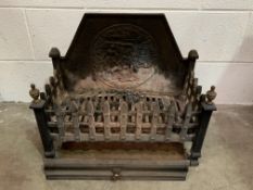 Cast Iron fire dog basket with tavern scene to back plate