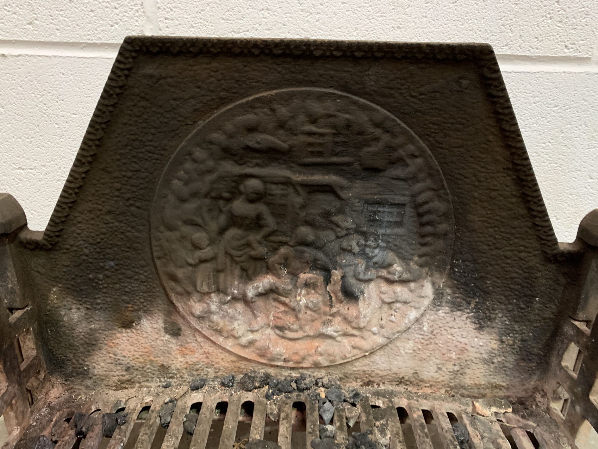 Cast Iron fire dog basket with tavern scene to back plate - Image 2 of 3