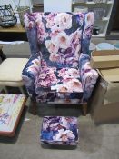 Floral Upholstered Wingback Chair with Foot Stool