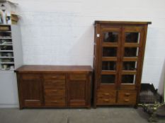 2x Wood & Glass Panelled Cabinet with Matching Sideboard