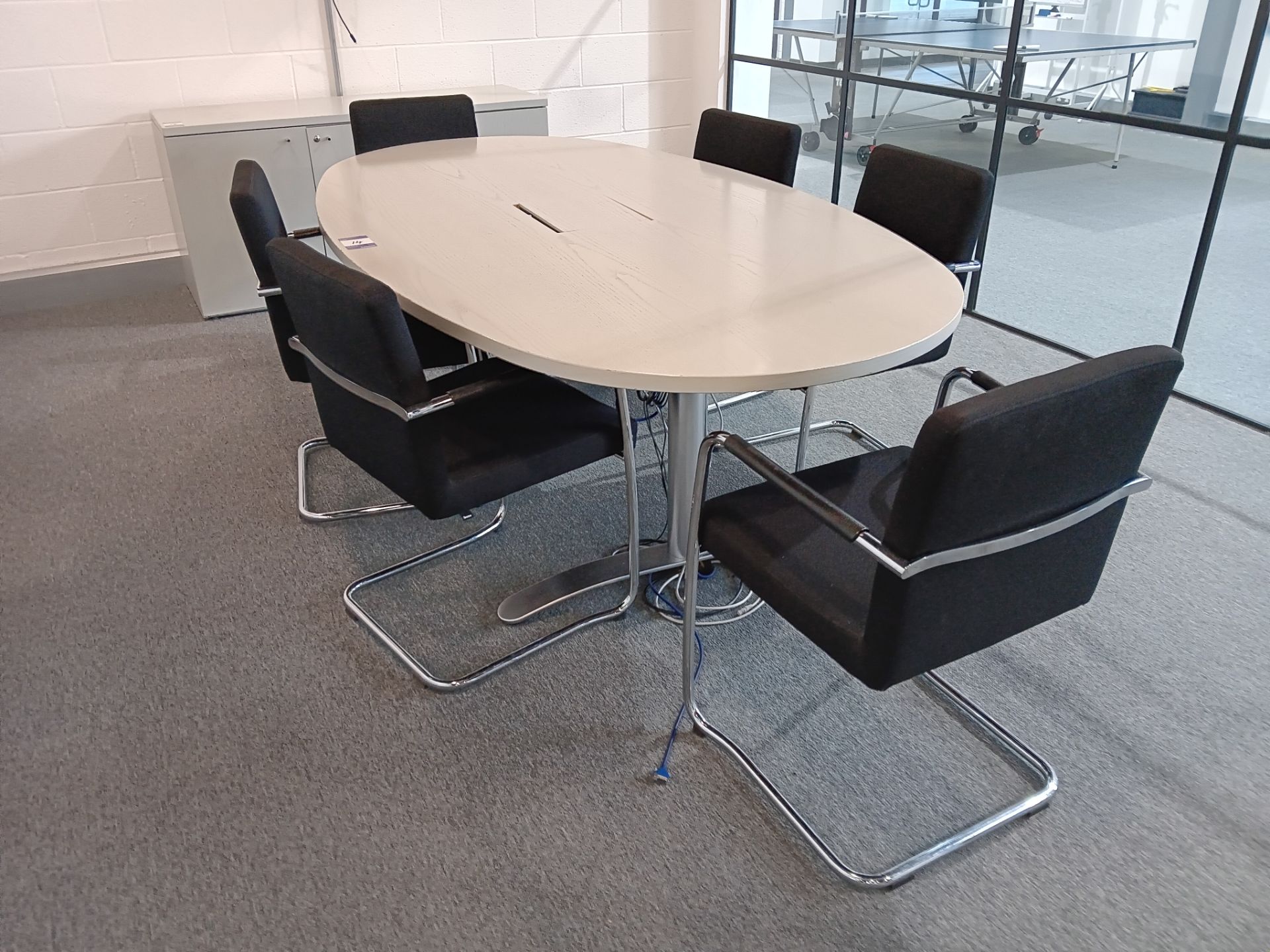 Grey Approx. 7ft 3” x 3ft 3” Oval Power Ready Meeting Table, Approx. 4ft 11” 3-Door Unit (No