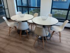 2 x Metal Framed White Approx. 3ft 3” Diameter Circular Topped Café Tables with 7 x Light Oak Effect