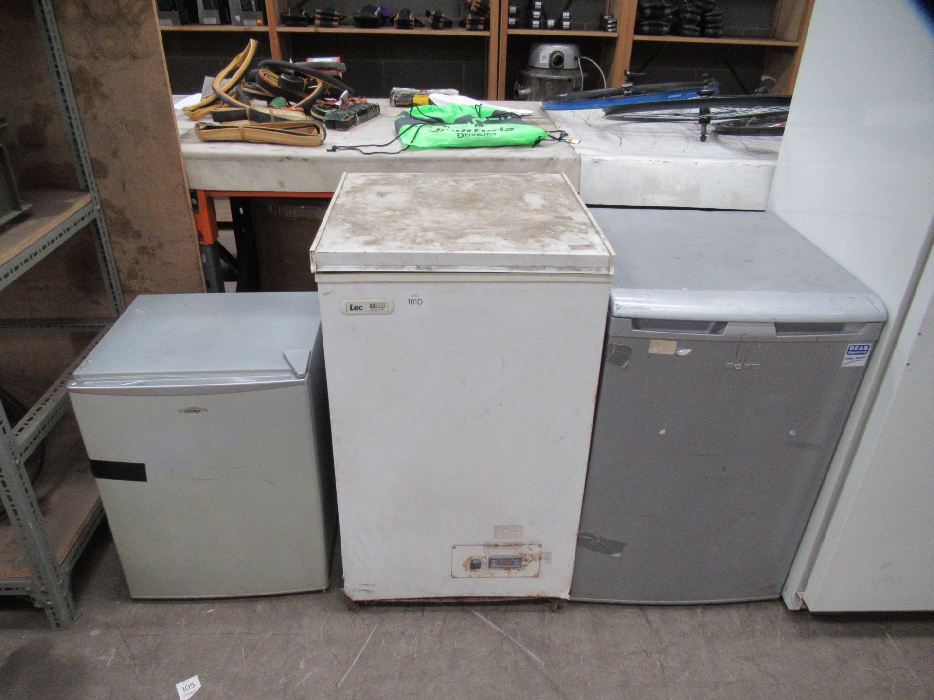 A Beko fridge, a matsui counter top fridge and an LEC chest freezer