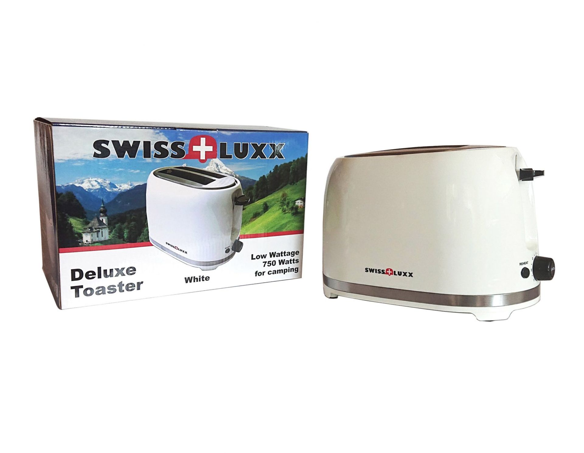 Swiss Luxx Deluxe 750W Camping Toaster White - 2-slice low wattage toaster, 220-240V power - Image 2 of 2