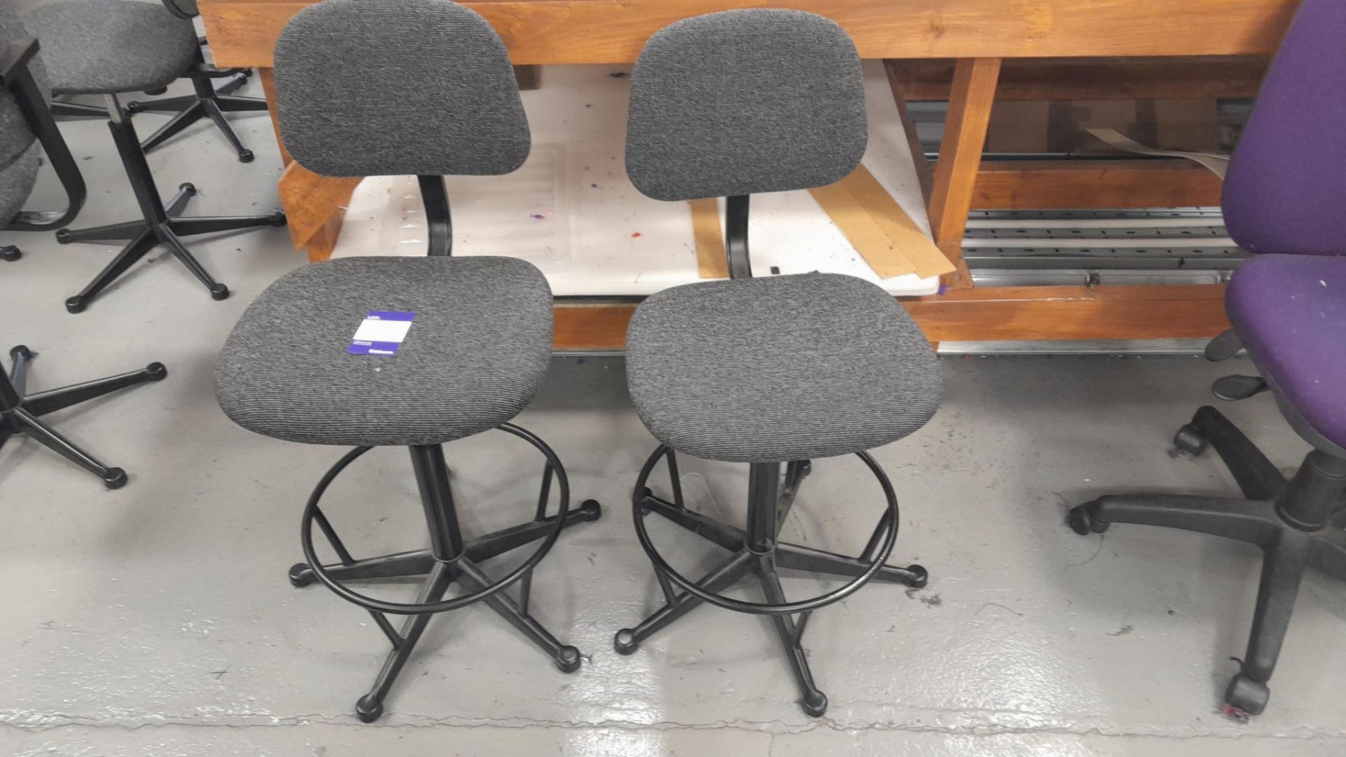 2 x Sewing Operators chairs, as lotted - please note that one of the chairs has a broken hi/lo