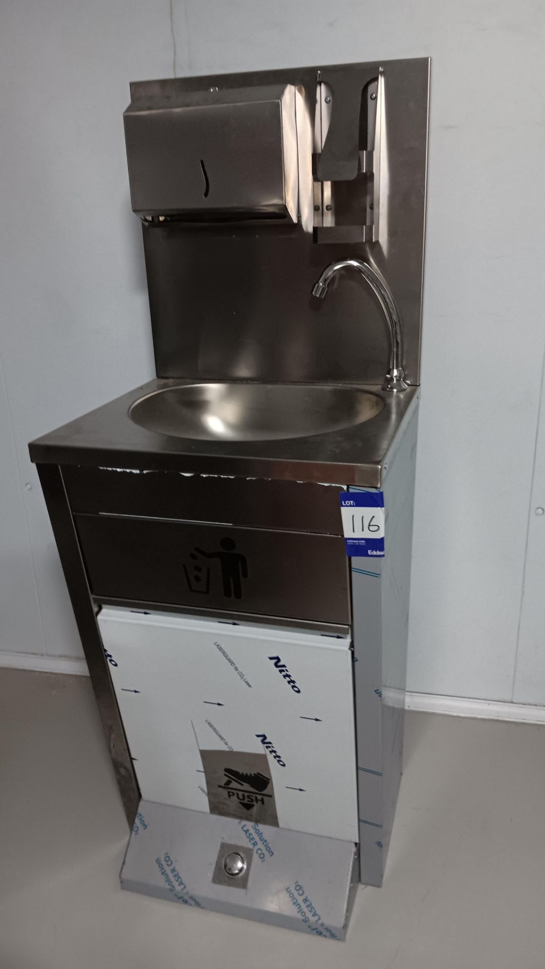 Unbadged Stainless steel foot operated handwash station with waste basket, napkin dispenser and soap