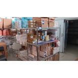 Contents of 2 racks of various packaging to include quantity of plastic and paper food trays,