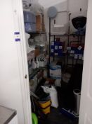 Contents of room to include 2 x wire shelving units, consumables and janitorial supplies