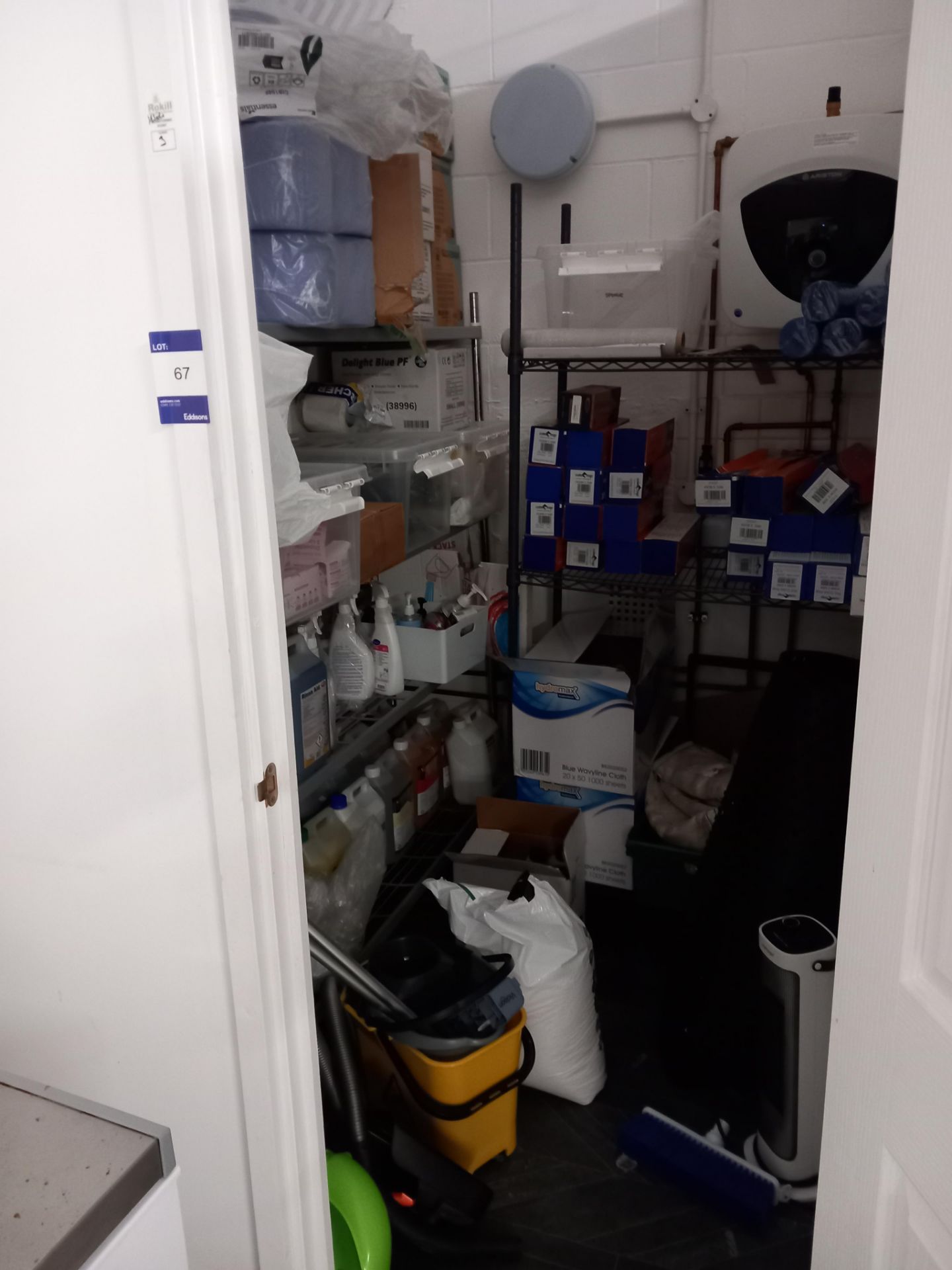 Contents of room to include 2 x wire shelving units, consumables and janitorial supplies