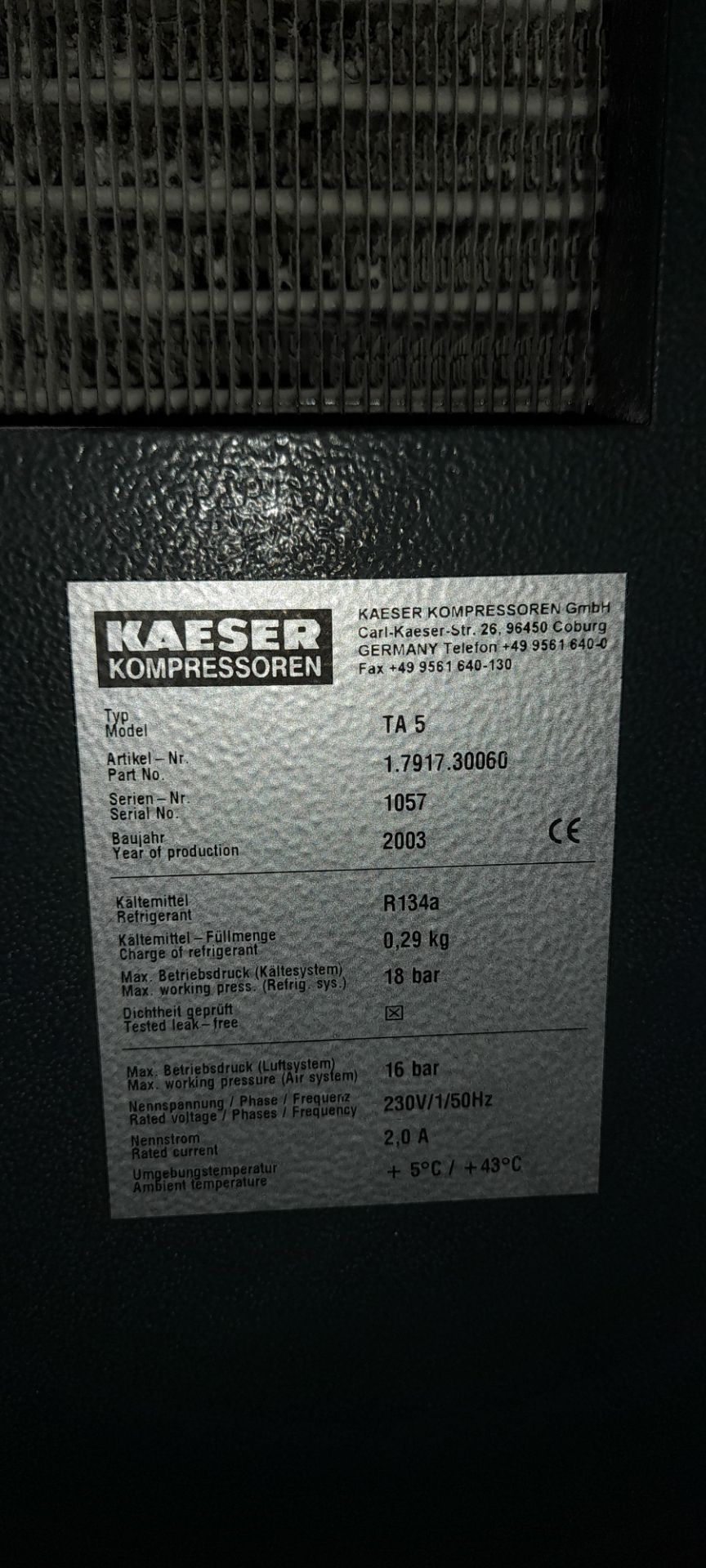 Kaeser HPC Plusair packaged type receiver mounted compressor Serial number 1187, Part No. 1.9694. - Image 5 of 5