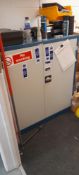 Steel double door cabinet (contents excluded) desk, chair, monitor & shelving unit