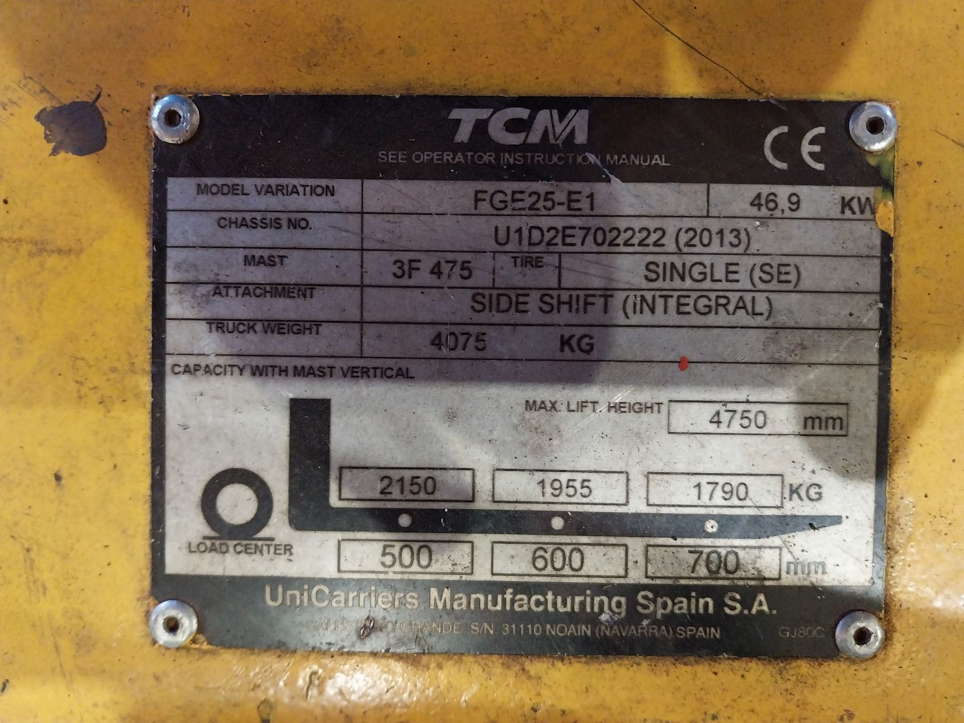 TCM FGE25-E1 LPG Forklift 2.5t capacity with sideshift s/n UID2E702222 (2013) Hours 01610.6 ( - Image 2 of 3