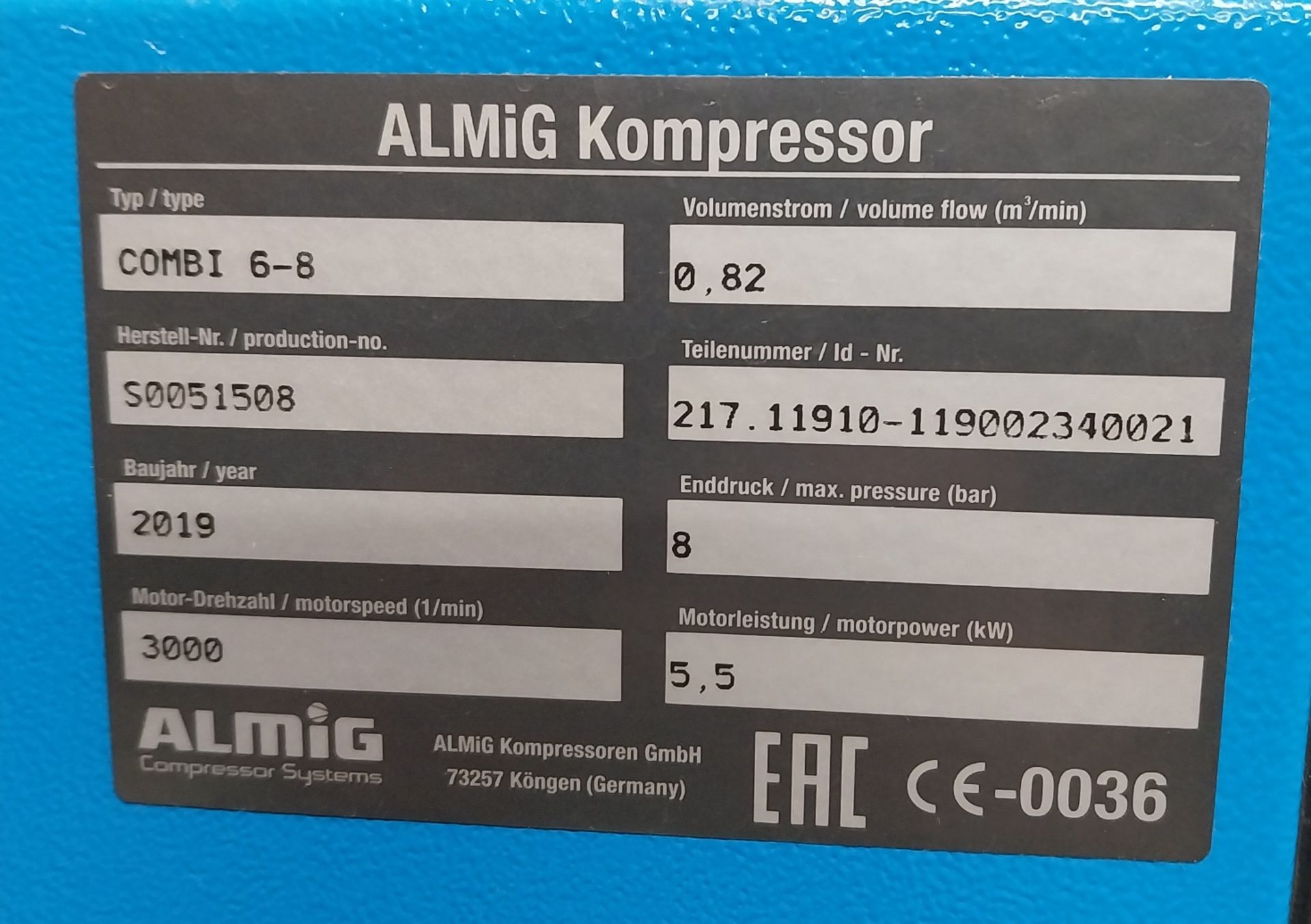 Almig Combi 6-8 Compressor Serial number 50051508 (2019) - Image 2 of 2
