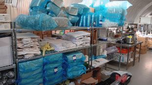 Contents of 2 racks of various packaging and consumables to include white paper bags, plastic and