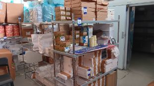 Contents of 2 racks of various packaging to include quantity of plastic and paper food trays,