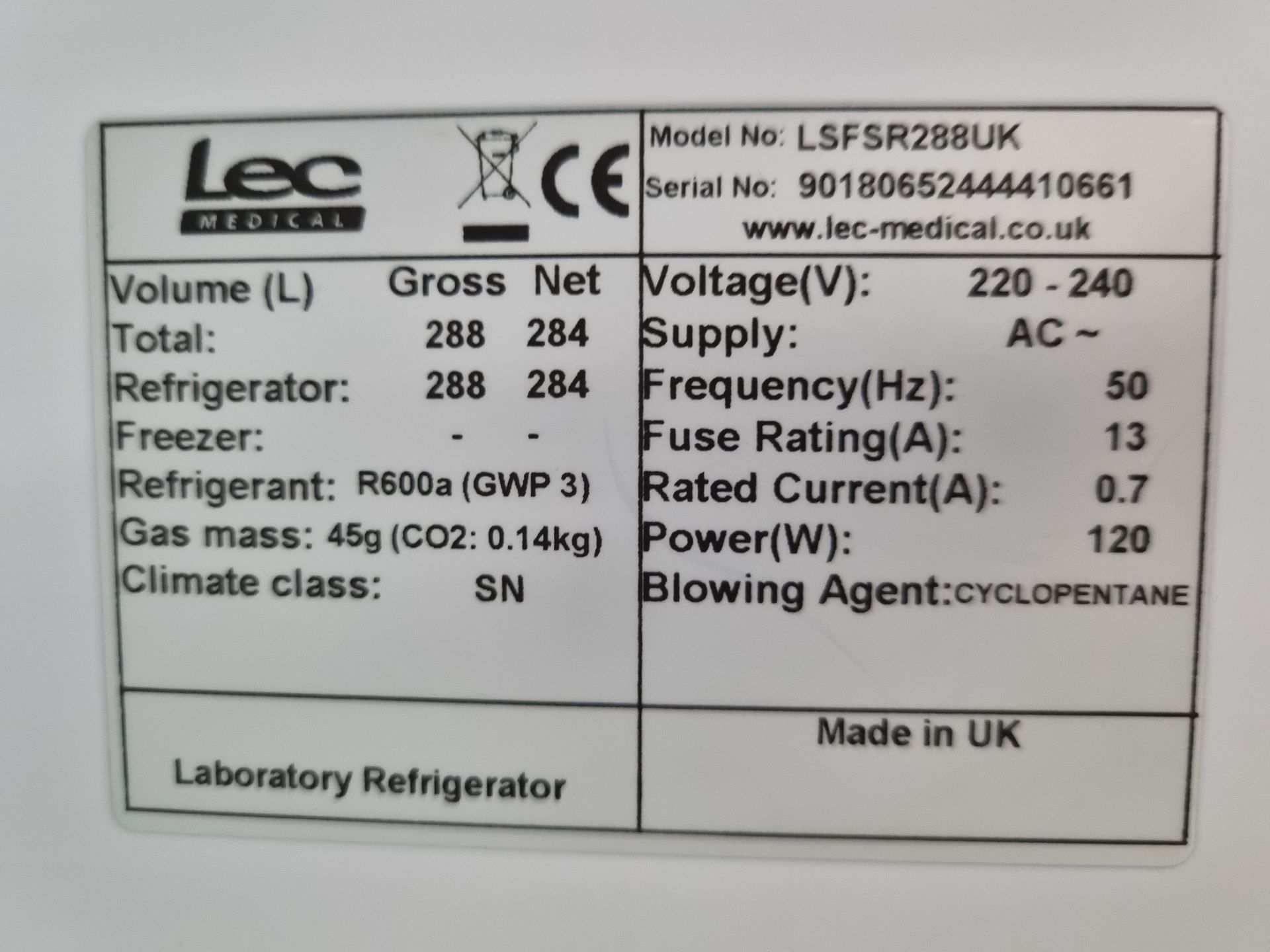 LEC Medical Laboratory Refrigerator. Model LSFSR288UK - Image 2 of 3