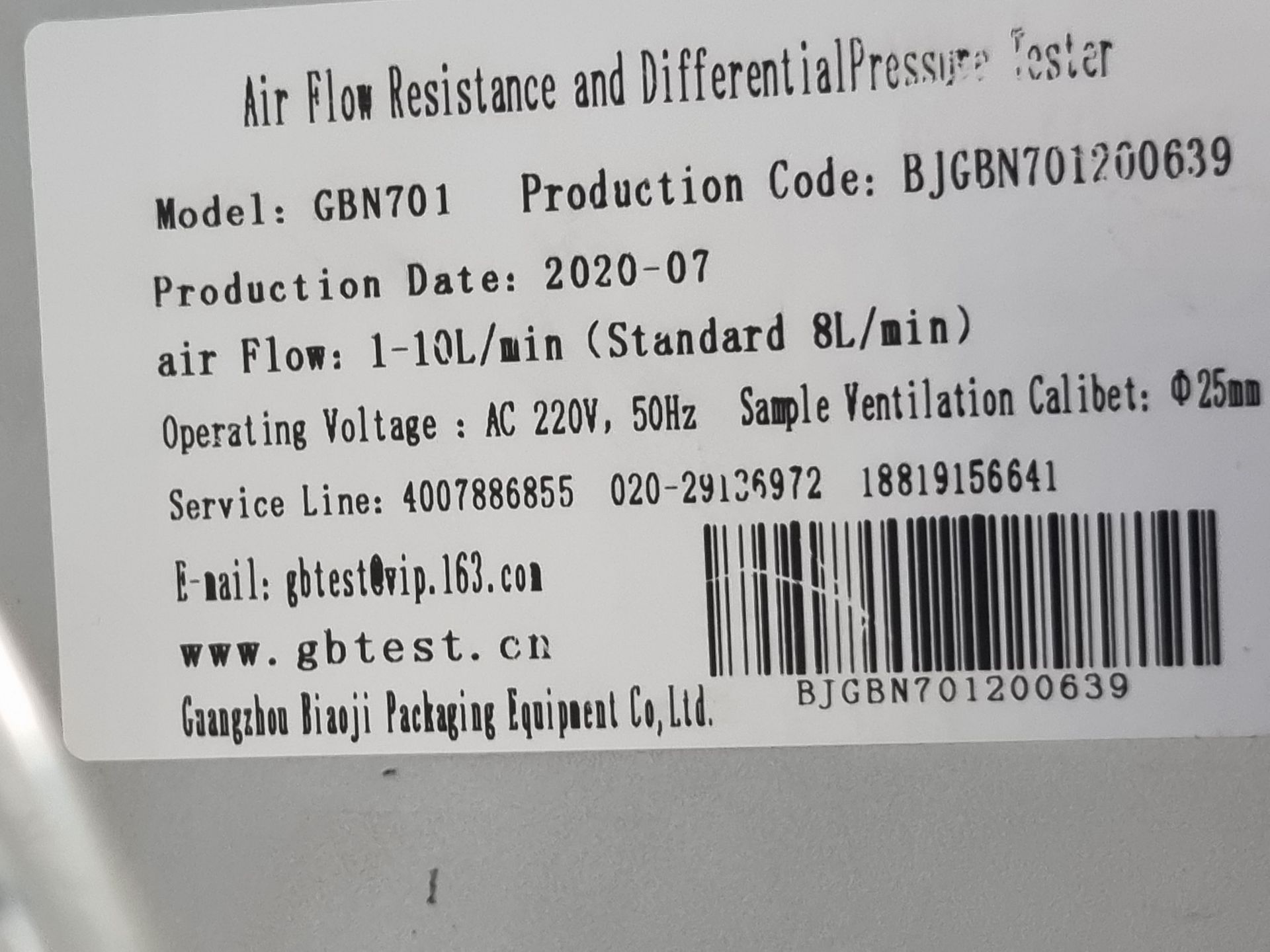 GBPI Model GBN701 Mask Air Flow Resistance and Differential Pressure Tester. YOM 2020 - Image 2 of 3