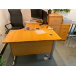 Right Hand Curve Desk with Three Drawer Pedistal, 3 Drawer Filing Cabinet and Operators Chair