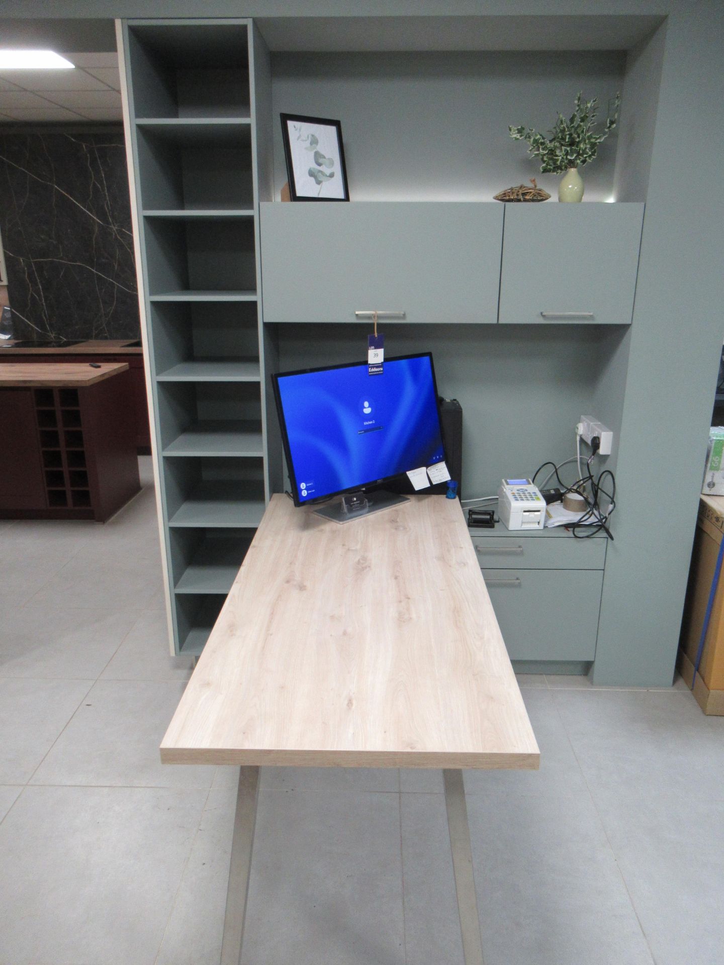 Green & Light Wood Wall Cabinets and Table