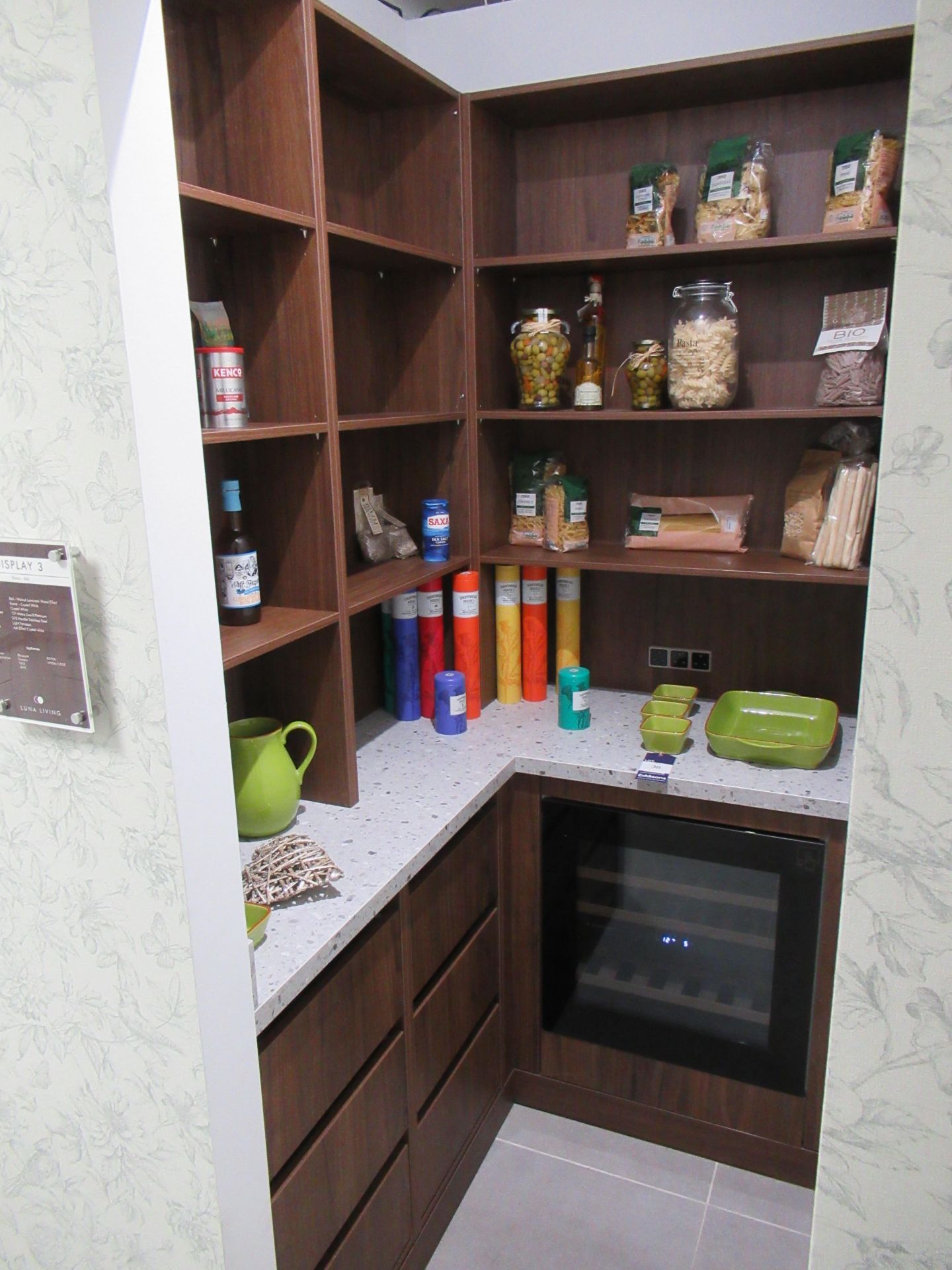 Display Pantry in Walnut Effect with Laminate Worktop and Blaupunkt Model 5WK610FF0L Bottle Fridge