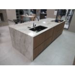 Häcker Porto Wood Veneer Kitchen Island with Dekton Taga Worktop with Waterfall Edges & Accessories