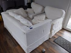 Cream Upholstered Three Piece Suite to include; 2 Seater Sofa, 2 x Arm Chairs and buffet