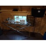 Chrome and Glass Topped Console Table, Floor Lamp and Quantity of Glasses