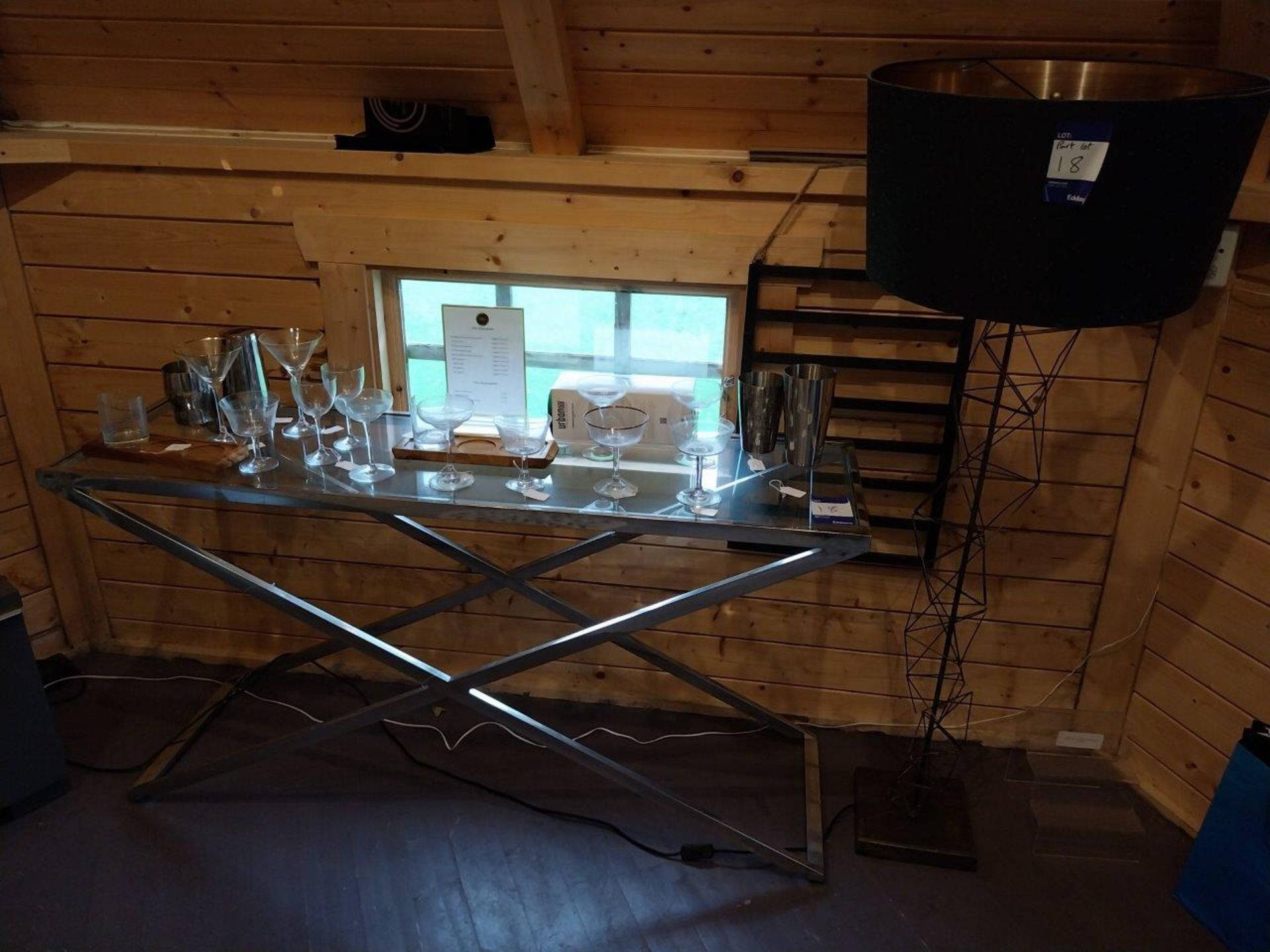 Chrome and Glass Topped Console Table, Floor Lamp and Quantity of Glasses