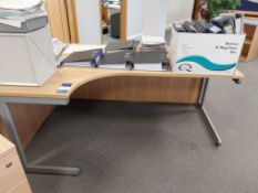 Beech Effect Left Hand Curve Desk, Desk Extension, 3 Drawer Pedestals, 2 x Blue Laminate Topped Desk