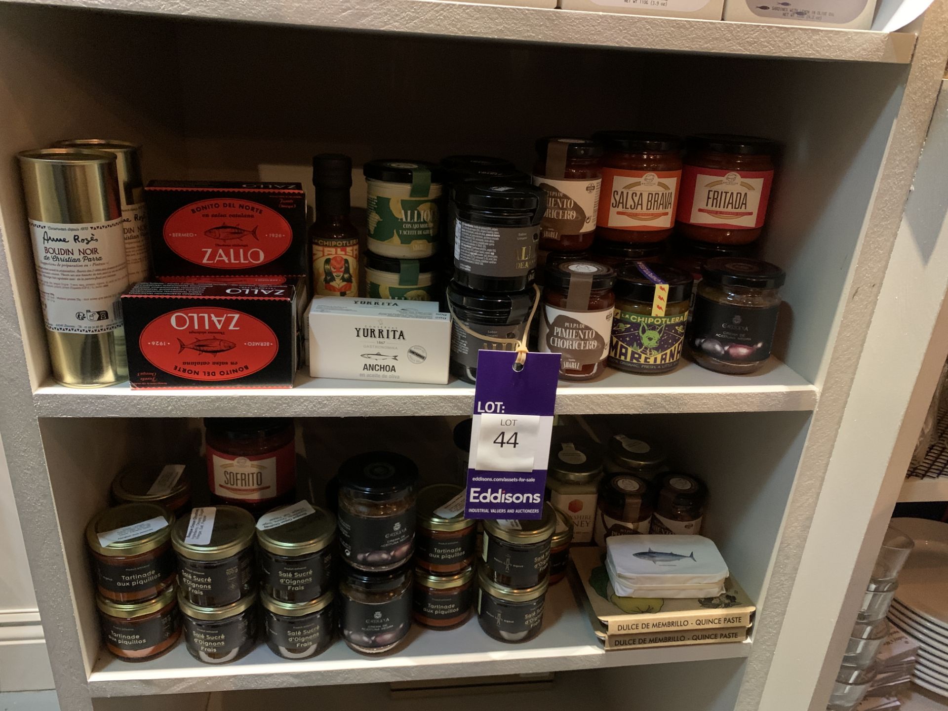 2x Shelves containing a Qty of Tinned Seafood and Glass Jar Products