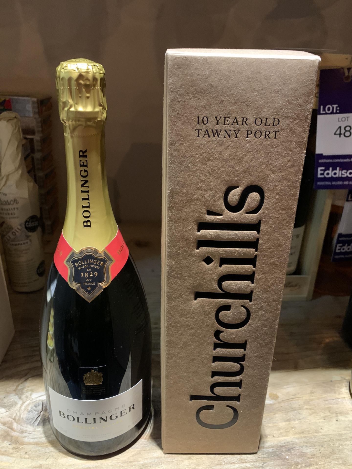 Bottle of Bollinger Special Cuvee Champagne and a Boxed Bottle of Churchill's Port