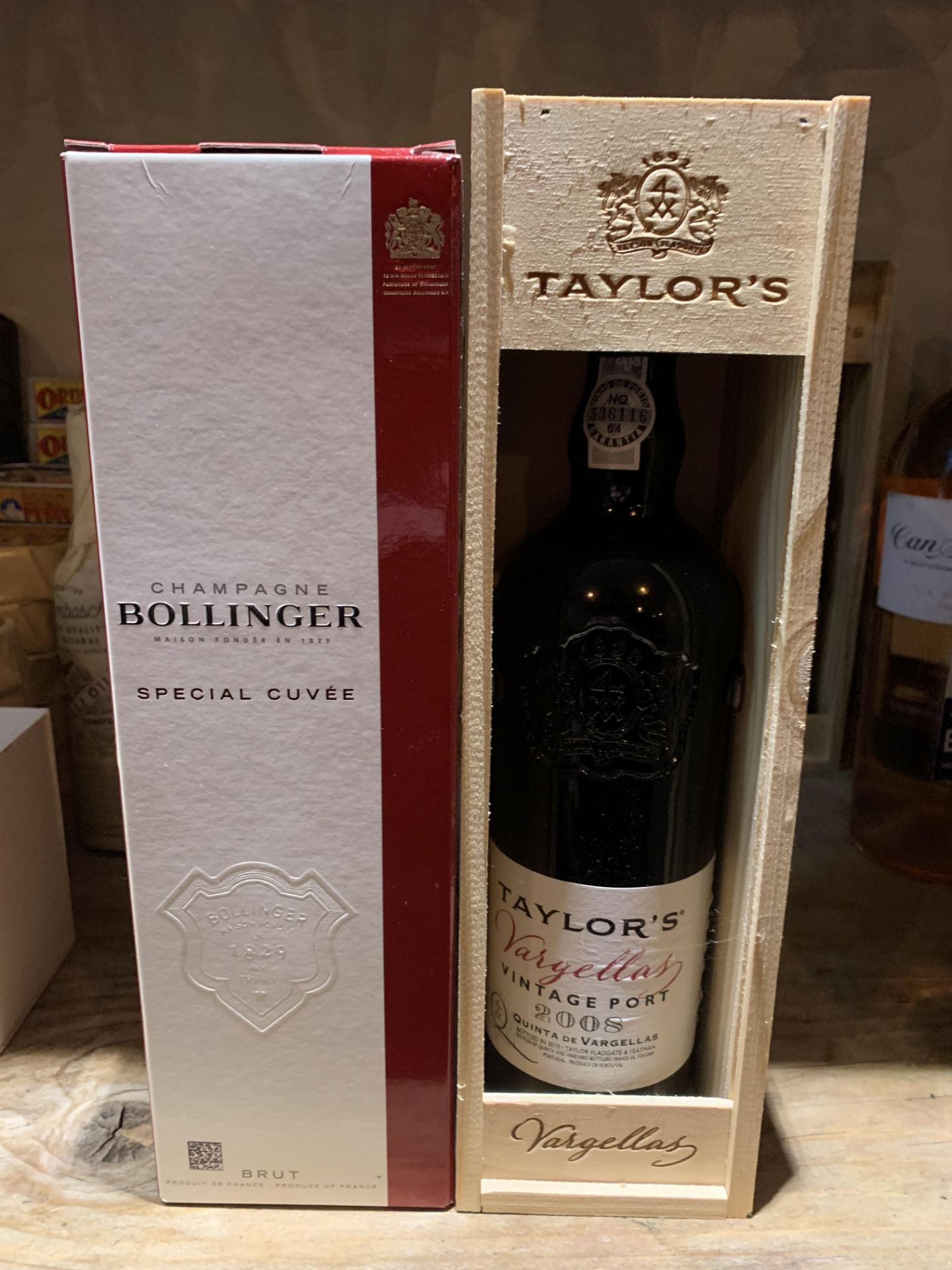 Boxed Bottle of Bollinger Special Cuvee Champagne and a Boxed Bottle of Taylor's Port