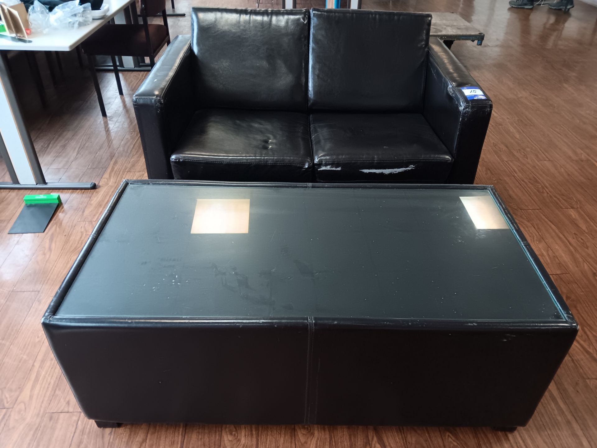 Black Faux Leather 2-Seater Sofa & Glass Topped Coffee Table
