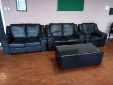 2 x Black Faux Leather 2-Seater Sofas, Armchair & Glass Topped Coffee Table