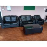 2 x Black Faux Leather 2-Seater Sofas, Armchair & Glass Topped Coffee Table