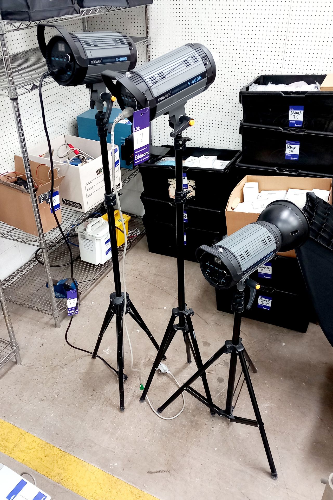 Neewer Studio Photography equipment to include 3 x Neewer S-400N Photography lights with tripods,