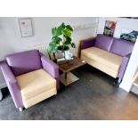 Reception furniture to include cream & purple leather 2 seater sofa and armchair with small coffee