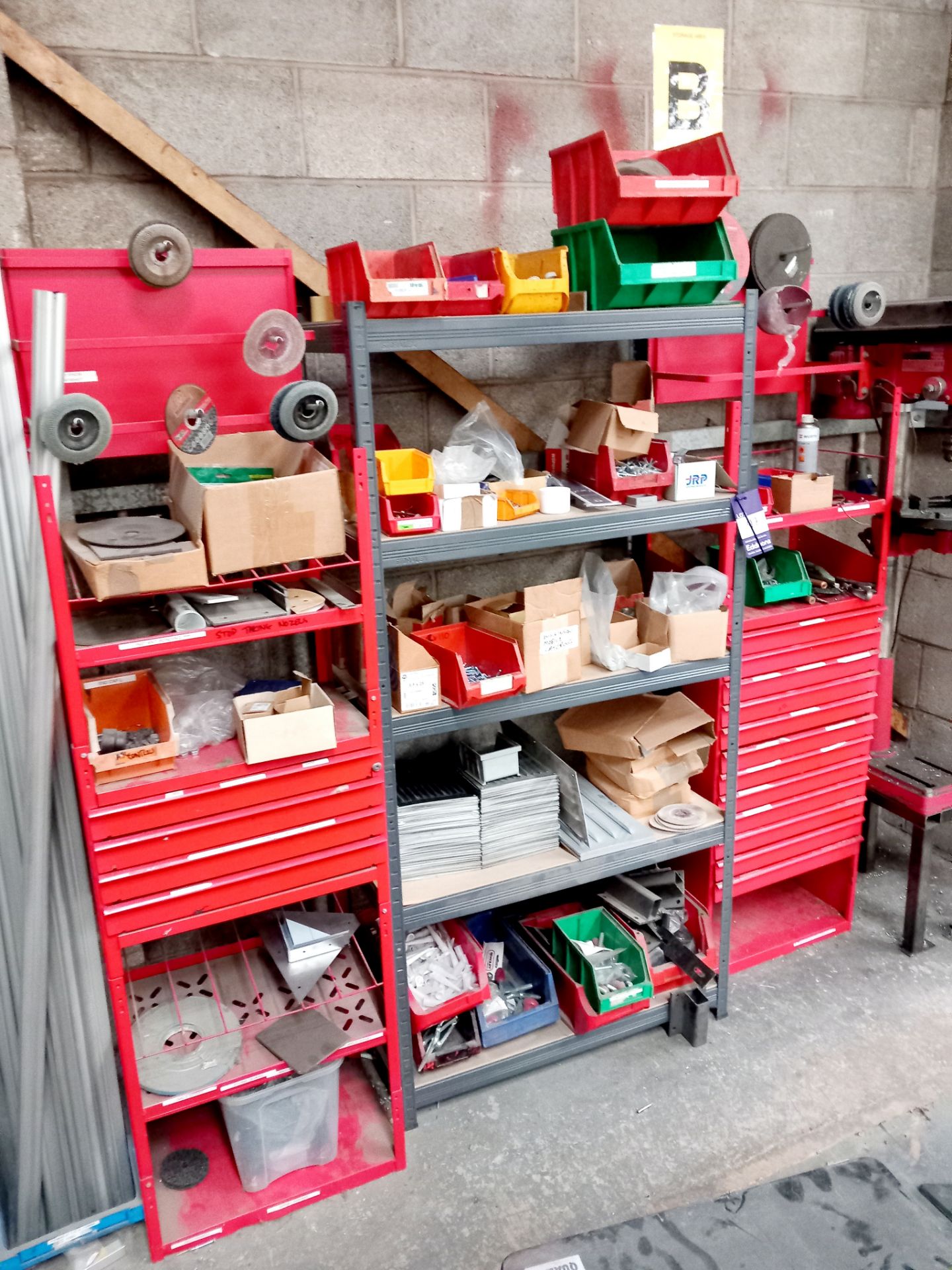 4 x Shelving units and contents of consumables, grinding discs, fittings etc.
