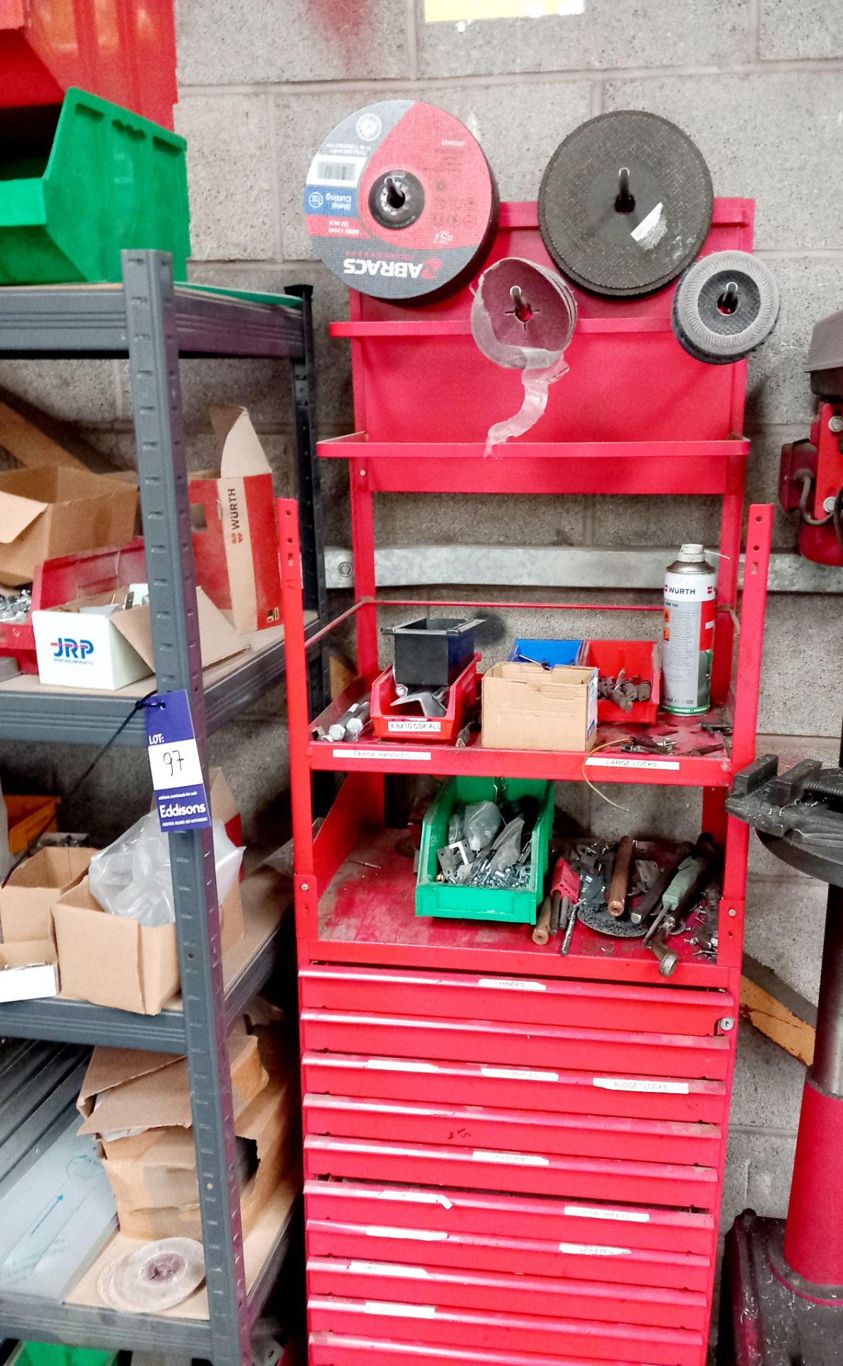 4 x Shelving units and contents of consumables, grinding discs ...