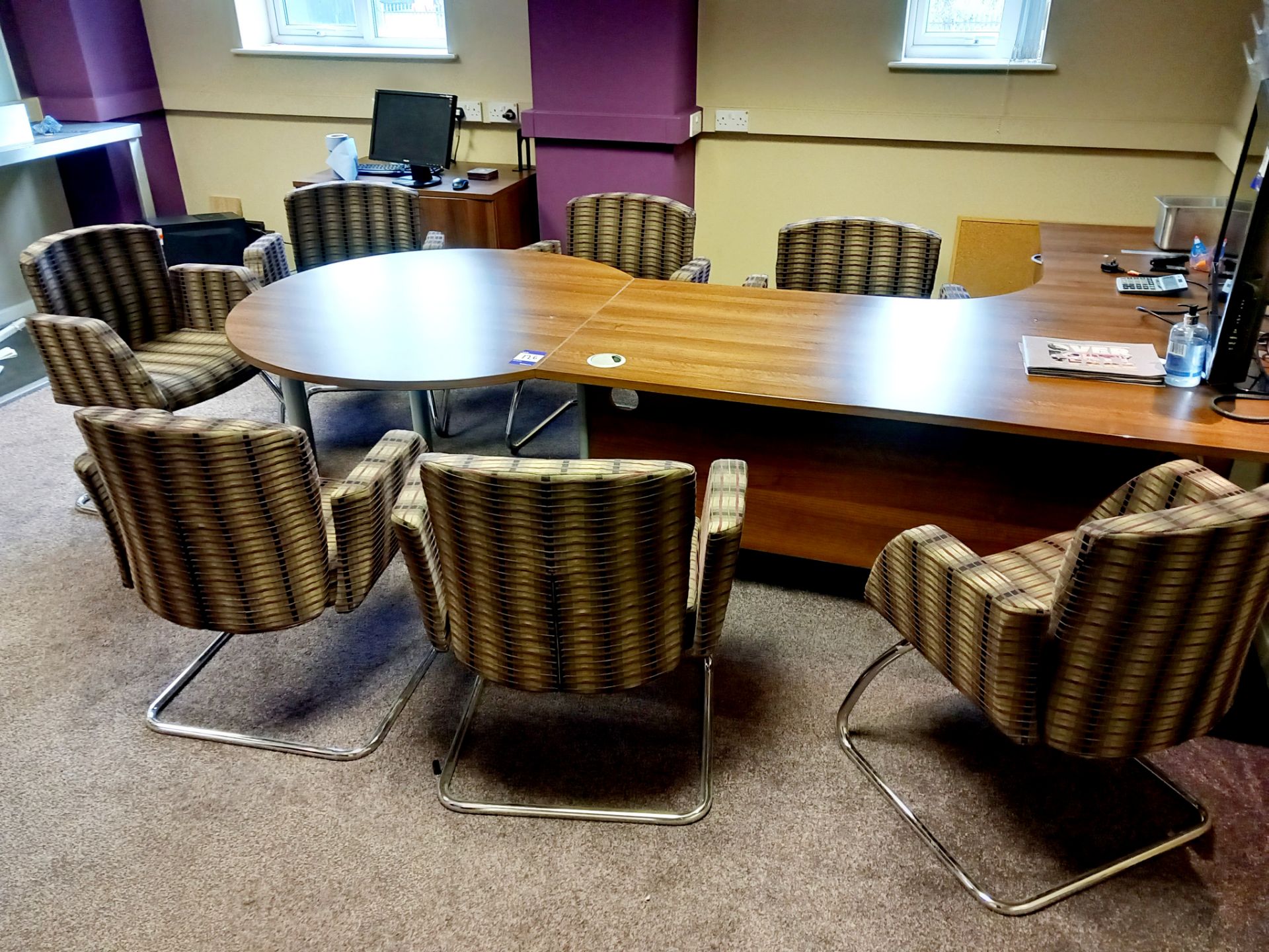 Office furniture to include oak effect cantilever corner desk, circular extension, 7 x boardroom