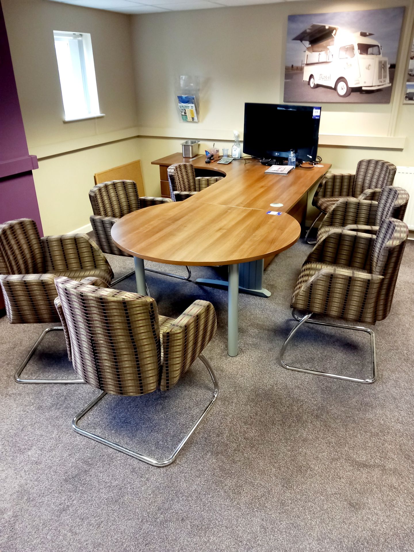 Office furniture to include oak effect cantilever corner desk, circular extension, 7 x boardroom - Image 2 of 3