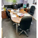 Office furniture to include 2 x oak effect workstation with end extension, 3 x pedestals, metal