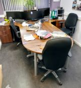 Office furniture to include 2 x oak effect workstation with end extension, 3 x pedestals, metal