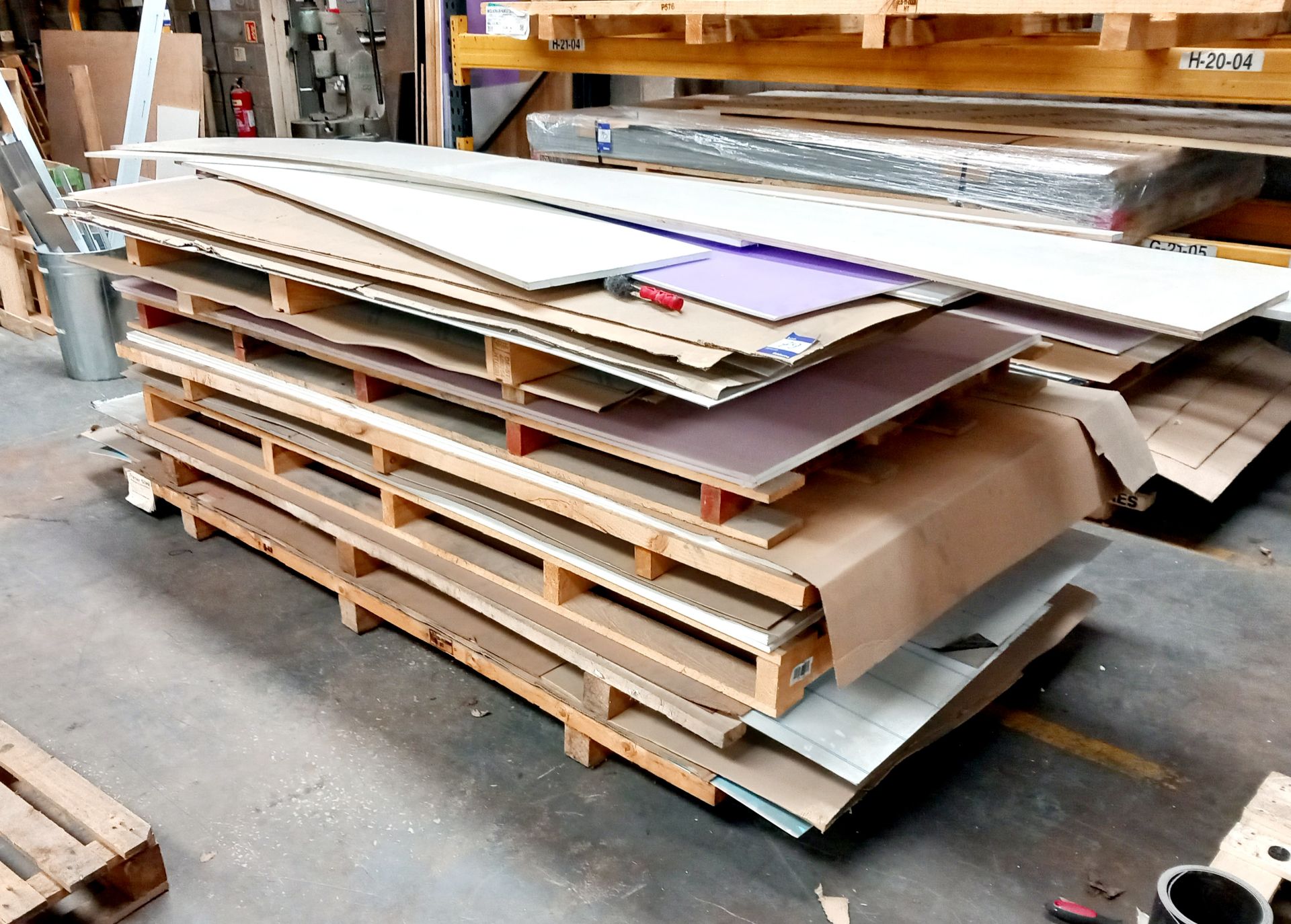 Quantity of various material sheet stock to include steel, plasterboard, plastic (various sizes)